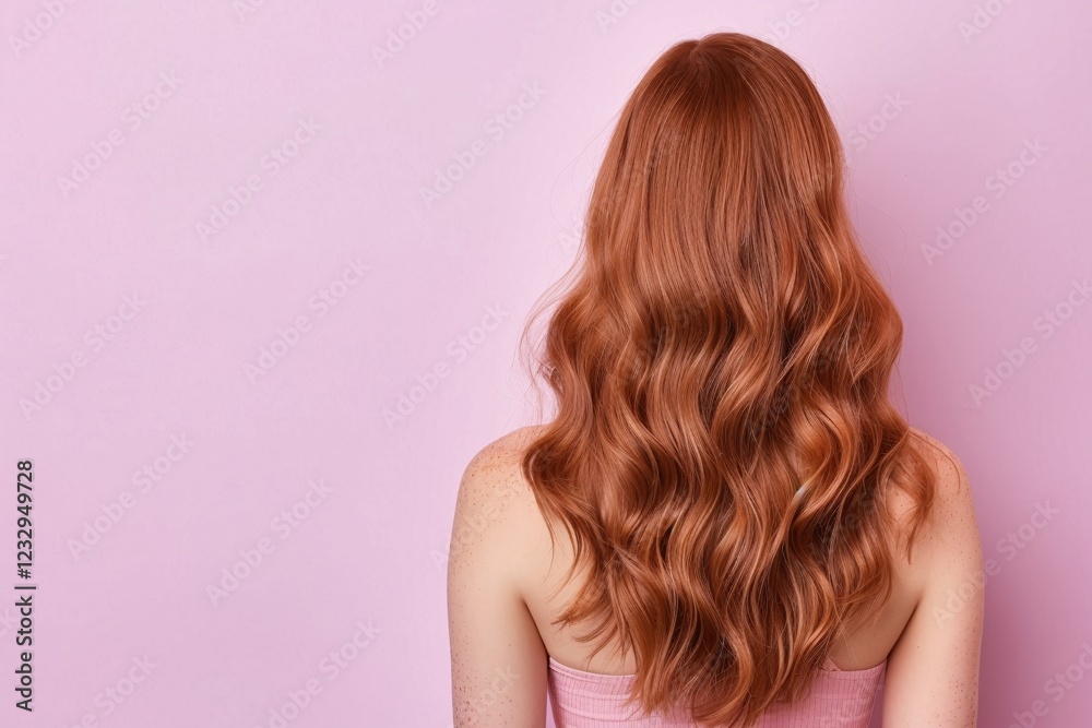 Fototapeta premium Back view of red-haired woman, soft and sleek wavy hair, natural shine and texture, isolated on pink background, radiant and polished look, minimalistic hairstyle concept.