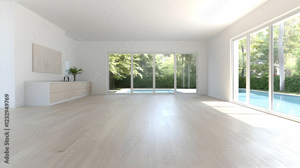 Fototapeta premium Modern empty room, pool view, sunlight, hardwood floor, home interior design