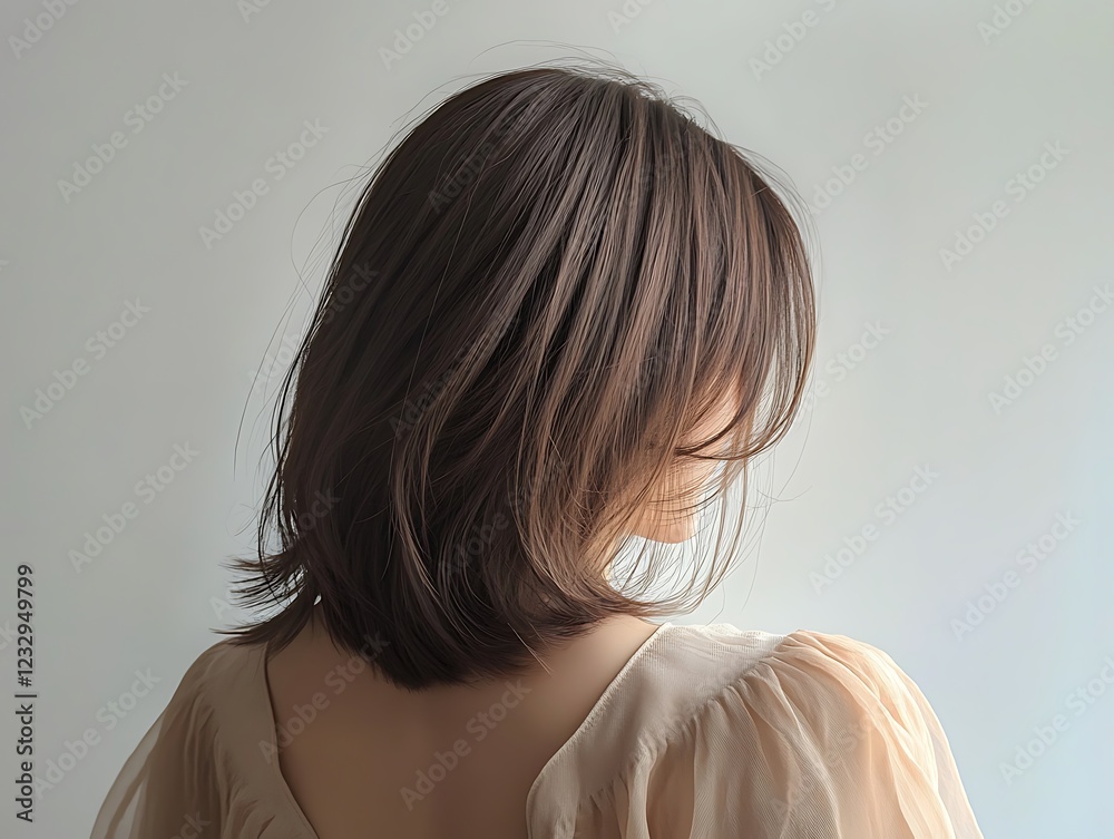 Serene Brown Hair Cascades Gently Around Face, Shoulder With Beige Clothing, Relaxed Mood Serene Brown Hair Cascades Gently Around Face, Shoulder With Beige Clothing, Relaxed Mood
