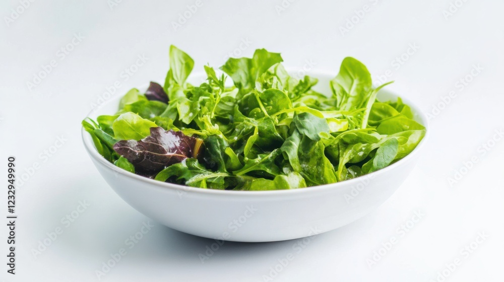 A simple serving of mixed baby greens with a light lemon vinaigrette, neatly arranged in a minimalist white ceramic bowl, Salad centered A simple serving of mixed baby greens with a light lemon vinaigrette, neatly arranged in a minimalist white ceramic bowl, Salad centered