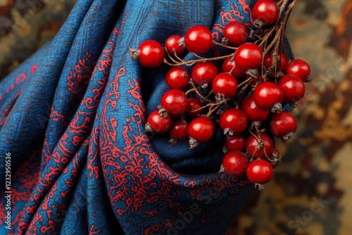 Blue textile with red berries and leaves captured in autumn season display