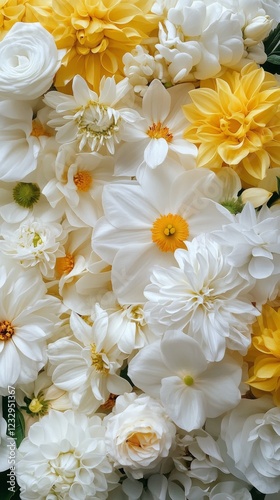Colorful bouquet of white and yellow flowers at a local market during spring ...