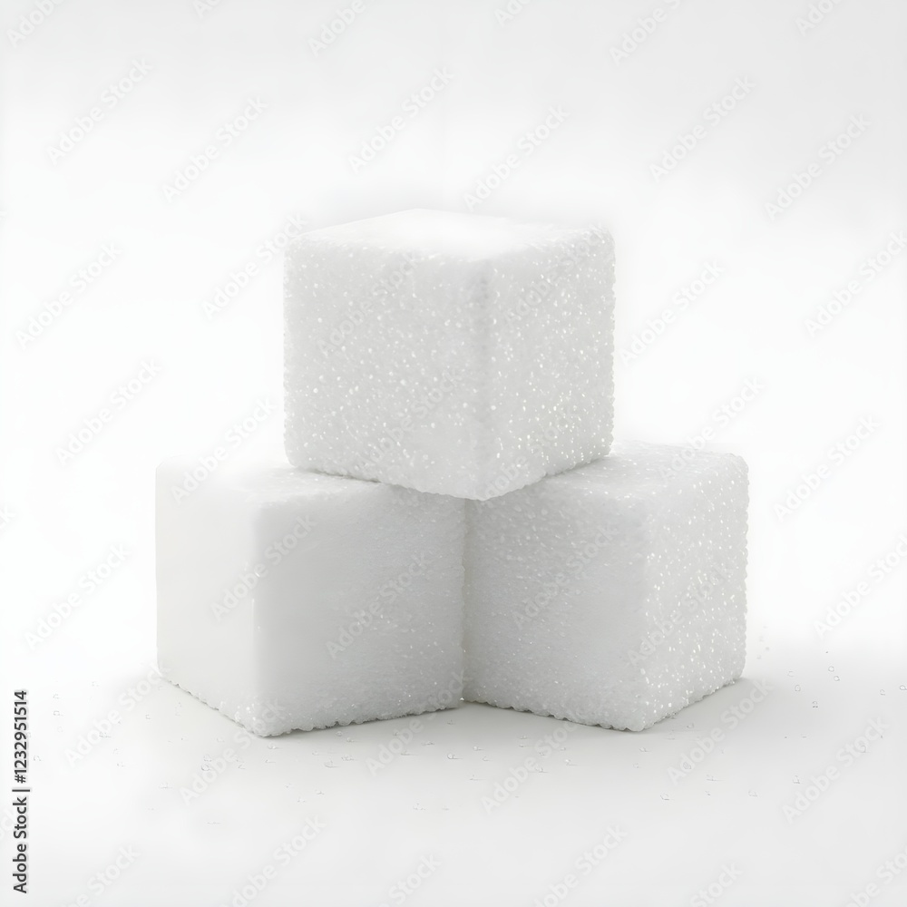 Three white sugar cubes are stacked on a white background. The cubes are various sizes and slightly overlapping. They are solid white with a slightly granular texture visible on the surfaces. Three white sugar cubes are stacked on a white background. The cubes are various sizes and slightly overlapping. They are solid white with a slightly granular texture visible on the surfaces.