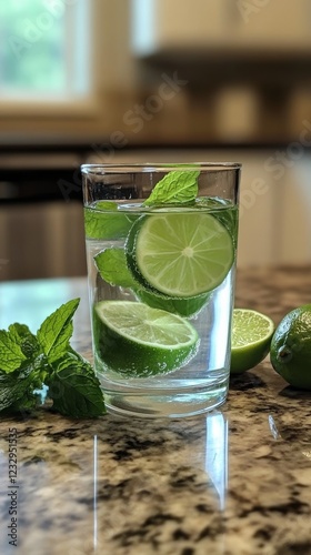 Refreshing lime and mint drink served in a glass with fresh lime slices and m...