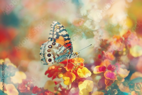 Delicate butterfly perched on pastel flowers at sunrise in a tranquil garden
