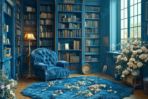 A  rich dark blue fur mat adorned with subtle floral embellishments rests on the polished wooden floor of a cozy home library