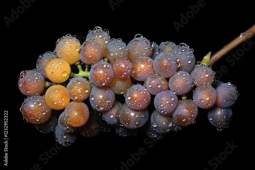 Macro view of colorful water droplets on fresh, ripe grapes in a natural setting