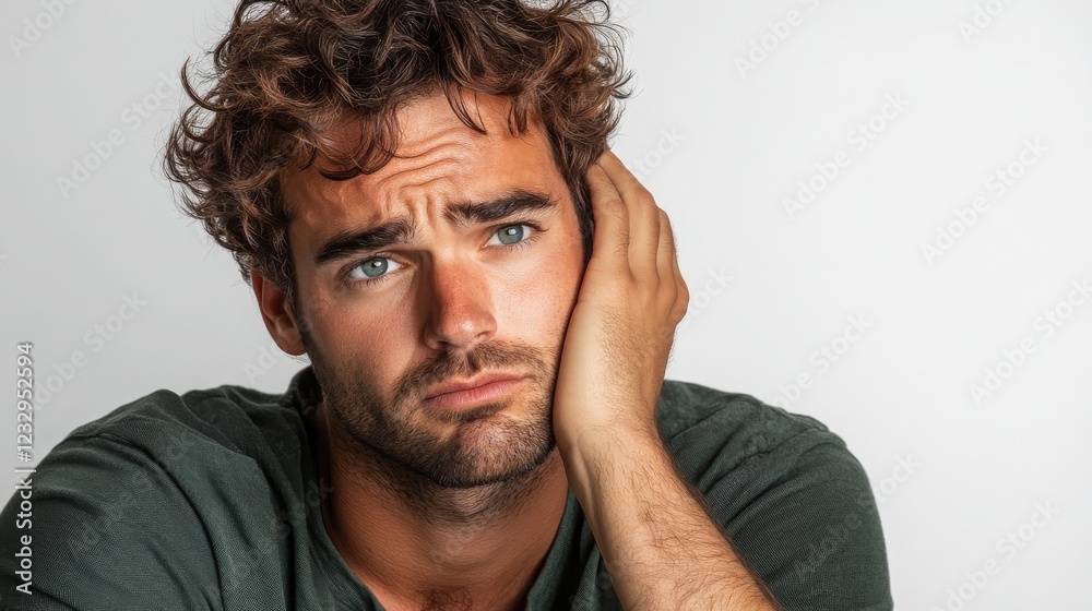 A man looking down with a disappointed expression, one hand covering his face, body language showing regret, white background A man looking down with a disappointed expression, one hand covering his face, body language showing regret, white background