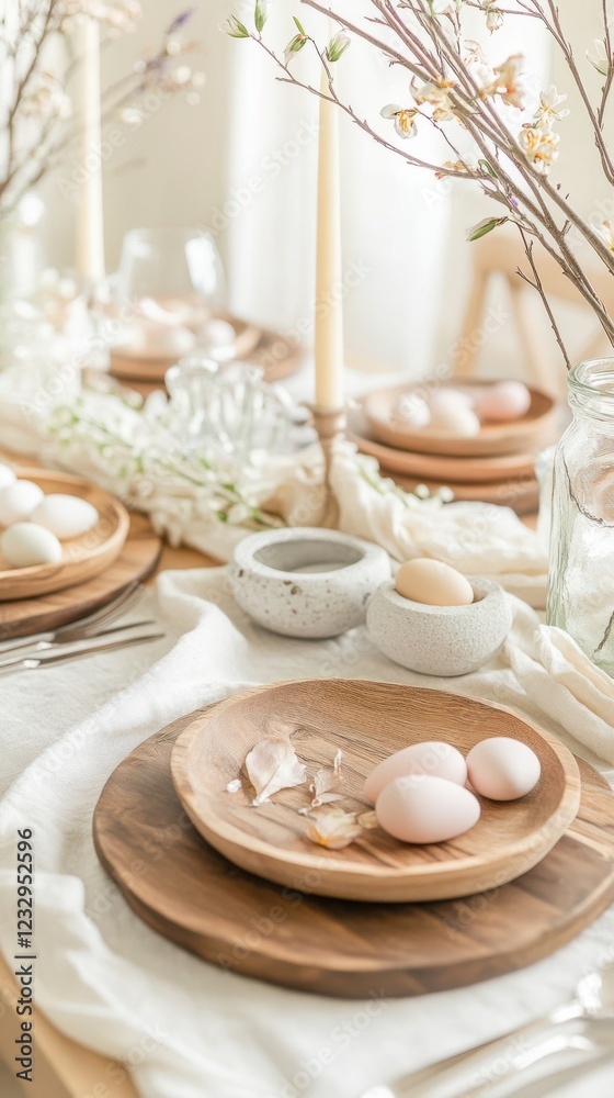 An Easter table with wooden plates, linen napkins, and stone candle holders. Willow branches in a vase, pastel hues, and hand-dyed eggs create an airy, harmonious, and whimsical atmosphere. An Easter table with wooden plates, linen napkins, and stone candle holders. Willow branches in a vase, pastel hues, and hand-dyed eggs create an airy, harmonious, and whimsical atmosphere.