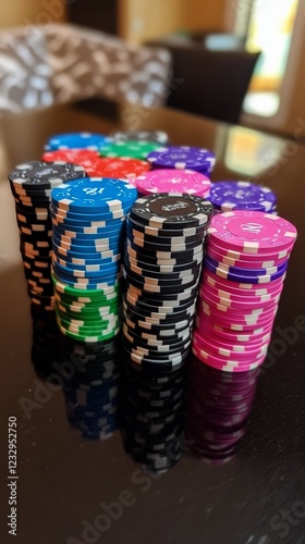 Colorful stack of poker chips displayed on a glossy table in a gaming area