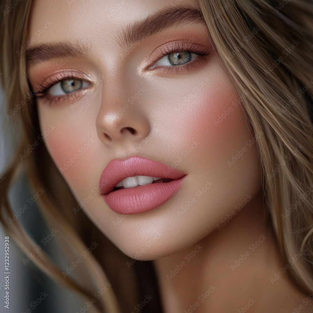 Rosy cheeks and soft pink lipstick for a romantic Valentine's Day close-up Rosy cheeks and soft pink lipstick for a romantic Valentine's Day close-up