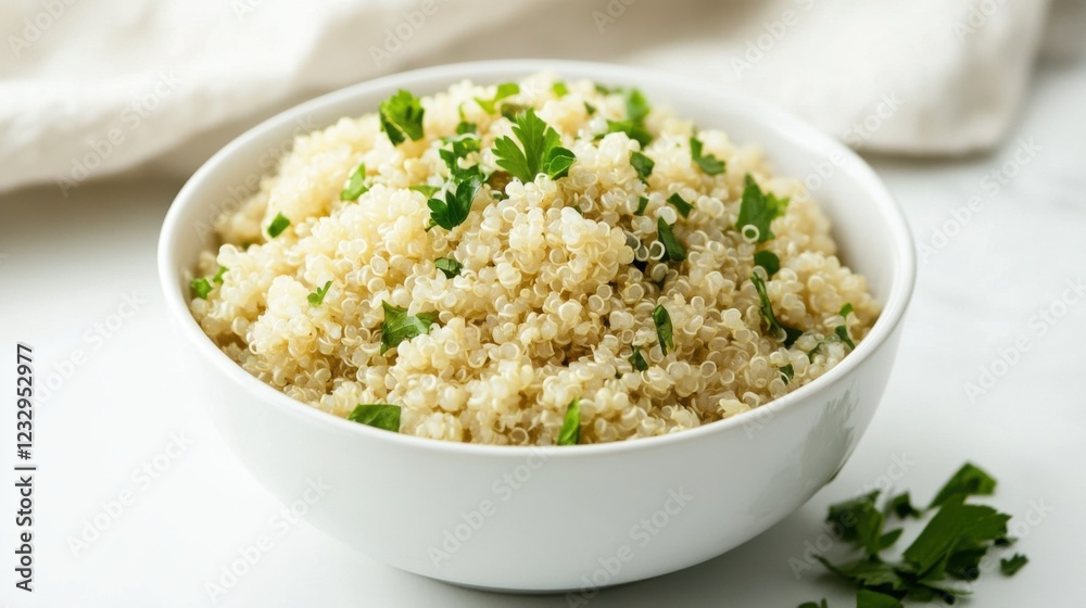 A simple serving of quinoa with a few chopped fresh herbs, neatly placed in a plain white ceramic bowl, Quinoa centered A simple serving of quinoa with a few chopped fresh herbs, neatly placed in a plain white ceramic bowl, Quinoa centered