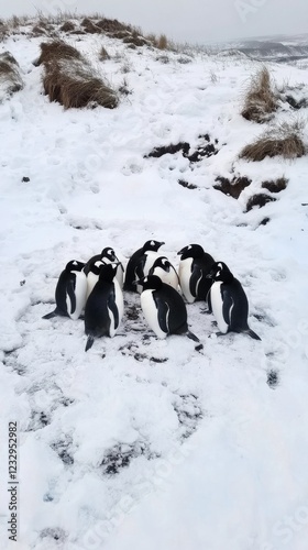 Group of penguins huddling together in snowy landscape on a cold winter day