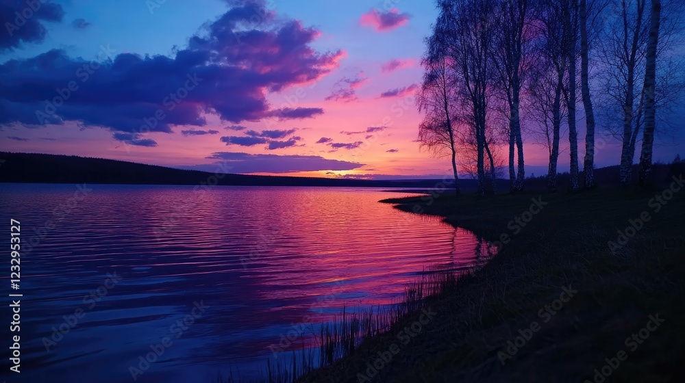 Pink sunset over lake, trees silhouette, calm water, peaceful nature scene Pink sunset over lake, trees silhouette, calm water, peaceful nature scene