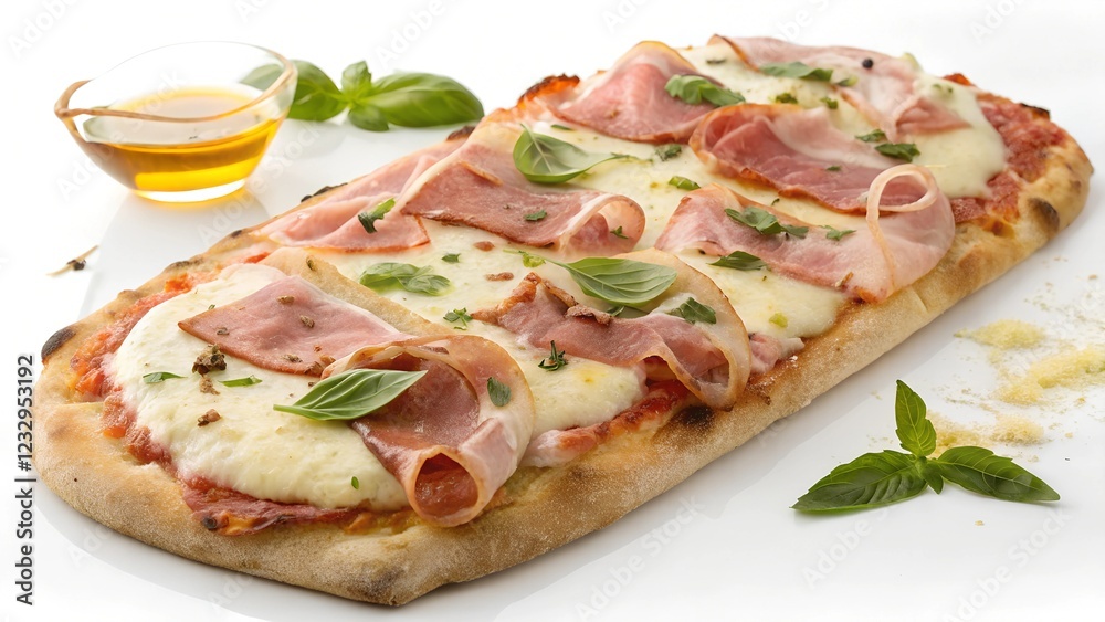 This is a studio shot of a rectangular pizza with a thin crust This is a studio shot of a rectangular pizza with a thin crust