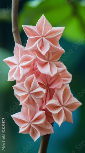 Delicate pink flowers blooming in sunlight against a lush green background