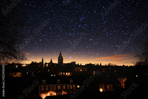 Night sky filled with stars over a city skyline with illuminated buildings an...
