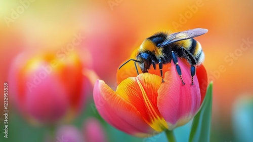 Close-up of a bee collecting nectar from a vibrant red flower in a serene gar...