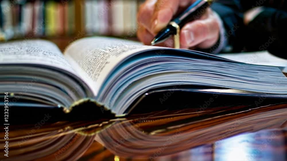 A focused man writes notes in a book using a pen, showcasing concentration and creativity. The scene captures his dedication to learning and documenting important ideas.