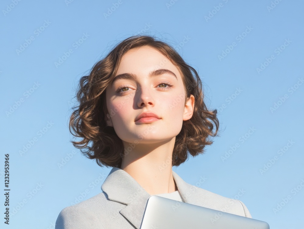 young professional woman with laptop against blue sky young professional woman with laptop against blue sky