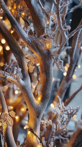 Colorful lights illuminate dark branches of a tree in a serene night setting