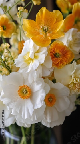 Colorful bouquet of white and yellow flowers at a local market during spring ...