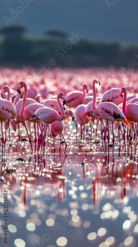 Vibrant flamingos wade through calm waters under blooming cherry blossoms at ...