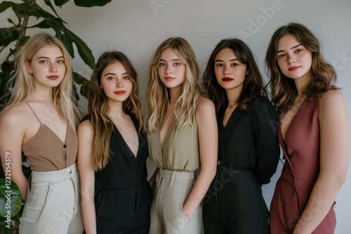 Group of five young women posing together in casual dresses for a stylish ind...