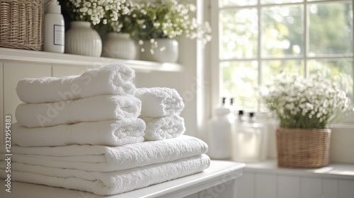 Soft white towels neatly arranged in a serene bathroom with blue walls and na...