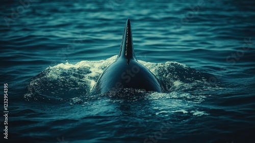 Orca's dorsal fin, ocean dive, background waves, wildlife photo