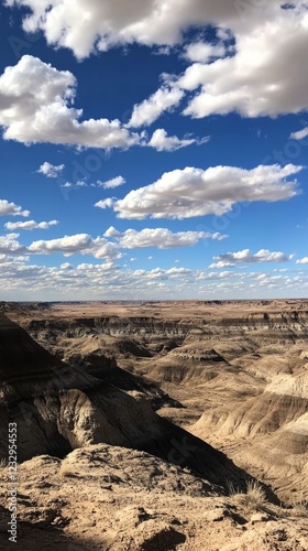 Majestic desert valley with vibrant clouds under a clear blue sky in a remote...