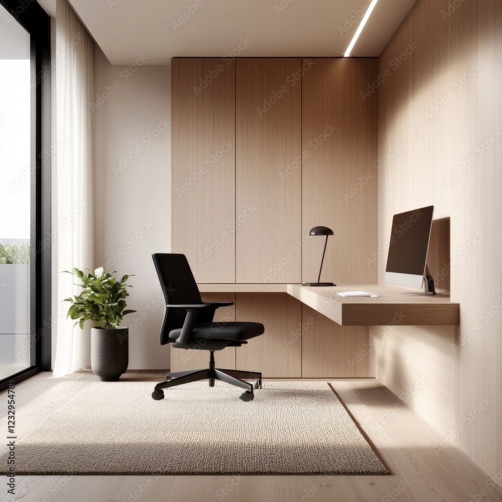 Fototapeta premium minimal home office setup with a black desk chair, floating desk, and wood paneling