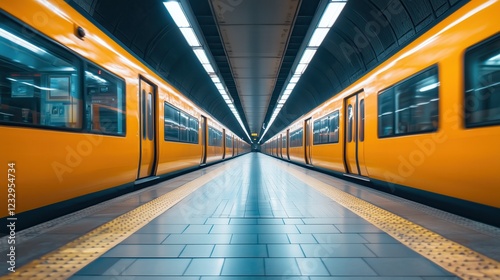Subway trains passing each other on opposite tracks in a tunnel