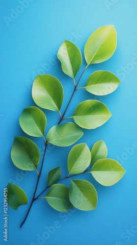 Lush green leaves arranged aesthetically on a vibrant blue background in natu...