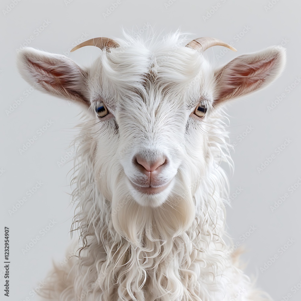 White Goat Portrait With Small Horns And Fur Looking Straight Ahead On A Light Grey Background White Goat Portrait With Small Horns And Fur Looking Straight Ahead On A Light Grey Background