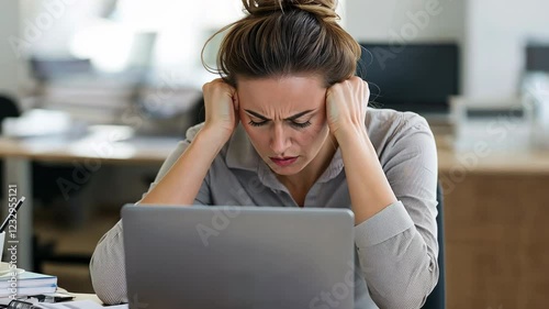 A woman is sitting at a desk with a laptop and a cup of coffee. She is looking at the laptop and she is in a state of stress or frustration
