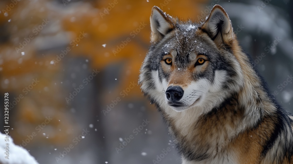 Obraz premium Gray wolf with light snowfall and colorful autumn background, looking intensely