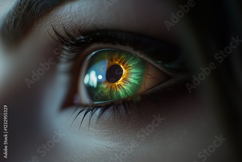 Close-up of a womana??s glowing jade-green eye, with soft, smooth textures and vibrant reflections in the iris, captured in ultra HD photo