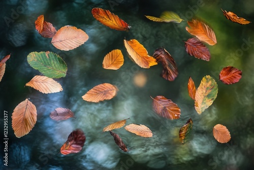 Colorful autumn leaves float gracefully against a blurred woodland backdrop i...