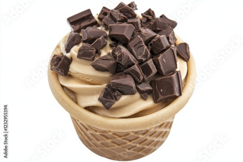 Delicious soft serve ice cream topped with chocolate chunks in a waffle cone