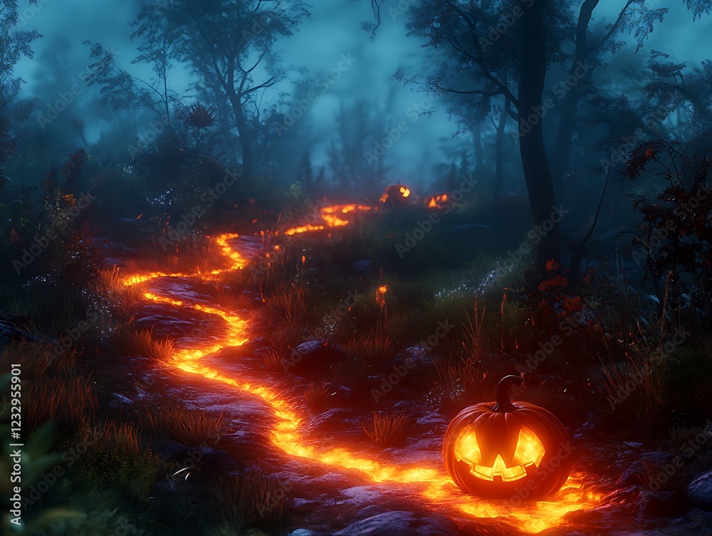 A glowing jack-o-lantern trail leading through a haunted forest A glowing jack-o-lantern trail leading through a haunted forest