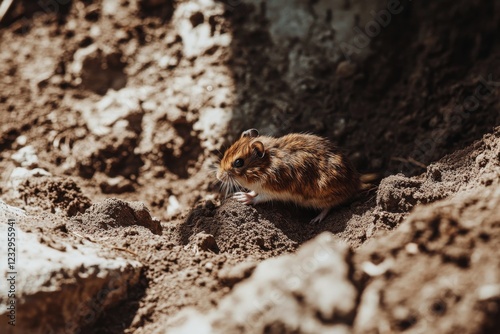 Small brown rodent exploring the earth in a natural habitat during daylight h...
