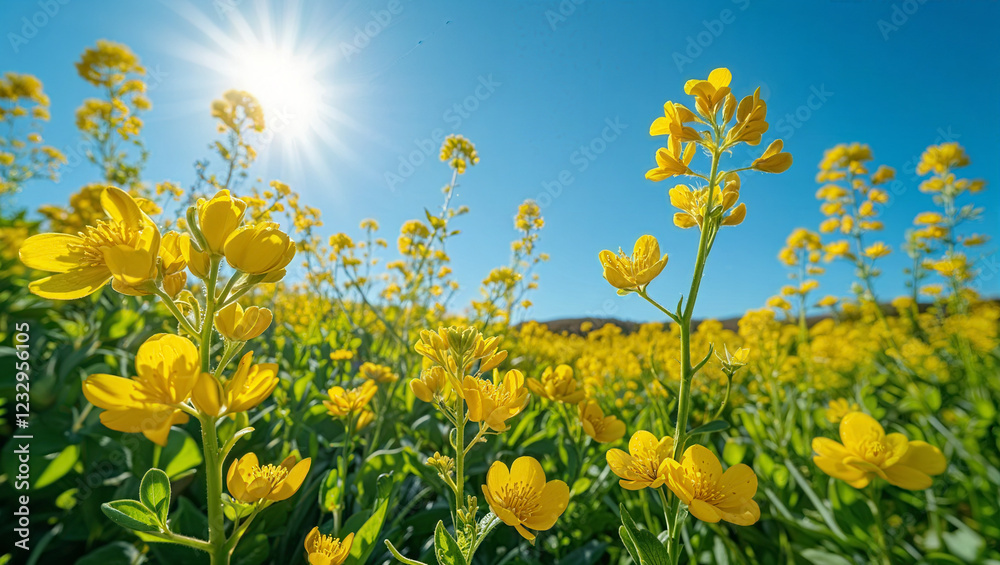 Obraz premium Mustard Flowers in Field under a Bright Blue Sky. Close-up Nature Background with Summer Sun Landscape.