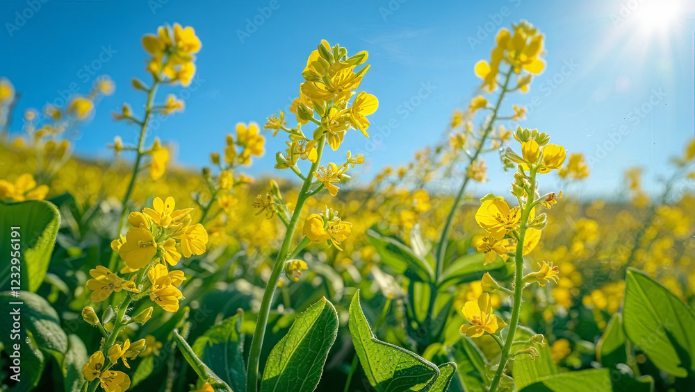 Mustard Flowers in Field under a Bright Blue Sky. Close-up Nature Background with Summer Sun Landscape. Mustard Flowers in Field under a Bright Blue Sky. Close-up Nature Background with Summer Sun Landscape.