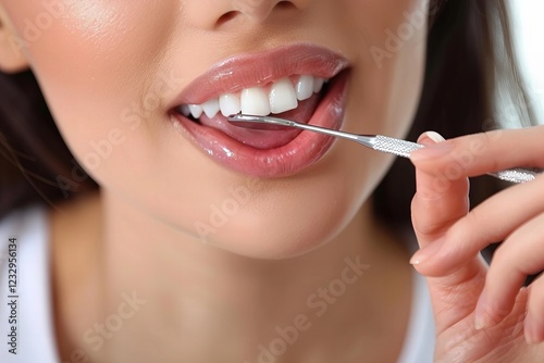 Close-up portrait of a woman using a metal tongue scraper to improve oral health and freshen breath. photo