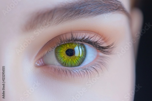 Close-up of a womana??s vibrant lime-green eye, showcasing sharp patterns and subtle gradient shifts in the iris, captured in photo