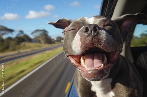 Dog enjoying a joyful car ride while sticking its head out of the window on a...