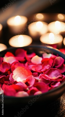 Decorative rose petals in a bowl surrounded by flickering candles