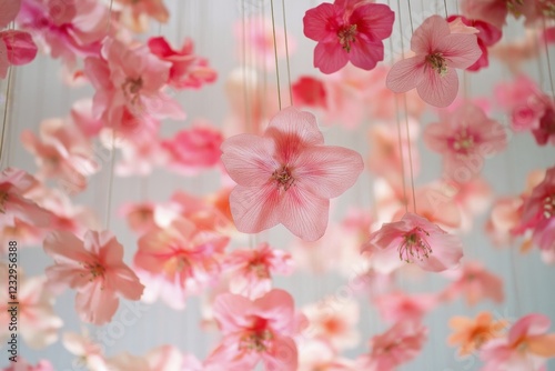 Beautiful display of hanging pink flowers creating a serene atmosphere in a b...