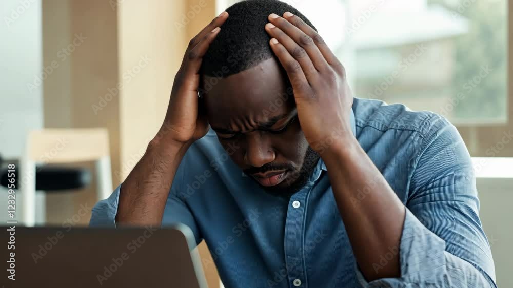 A man is sitting at a table with a laptop in front of him. He is looking at the screen with a worried expression on his face